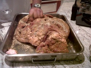add the bombon dry rub to the pork leg add the bombon dry rub to the pork leg