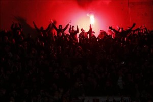 Chelsea F.C. fans celebrate their team's 1-1 draw against Paris Saint-Germain in Champions League action Tuesday in the French capital. EFE