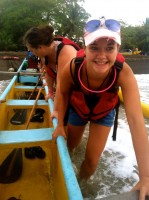Pulling the outrigger into the ocean for Kayak Jaco's night tour